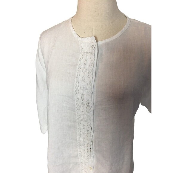 Russ Berens Size Extra Small Top White Long Sleeve Lagenlook Linen Lace Trim XS - Picture 5 of 8